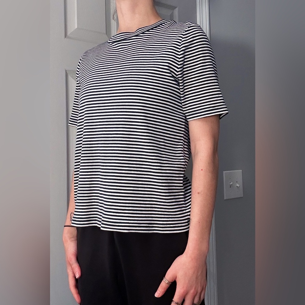 Madewell black and white striped knit t-shirt.